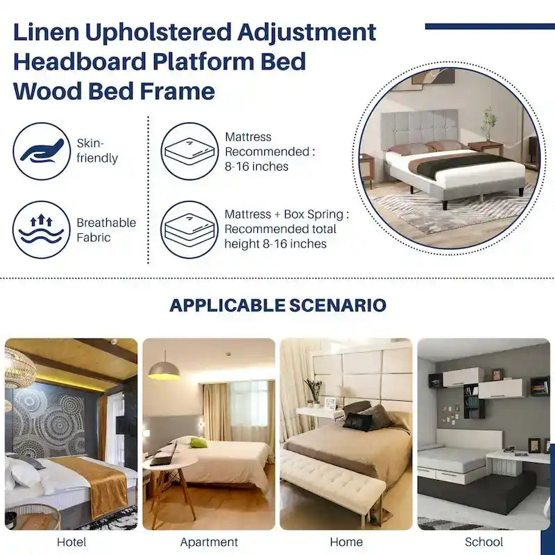 Lit plateforme capitonné en lin avec cadre en bois et tête de lit, sans sommier tapissier requis, sans bruit.