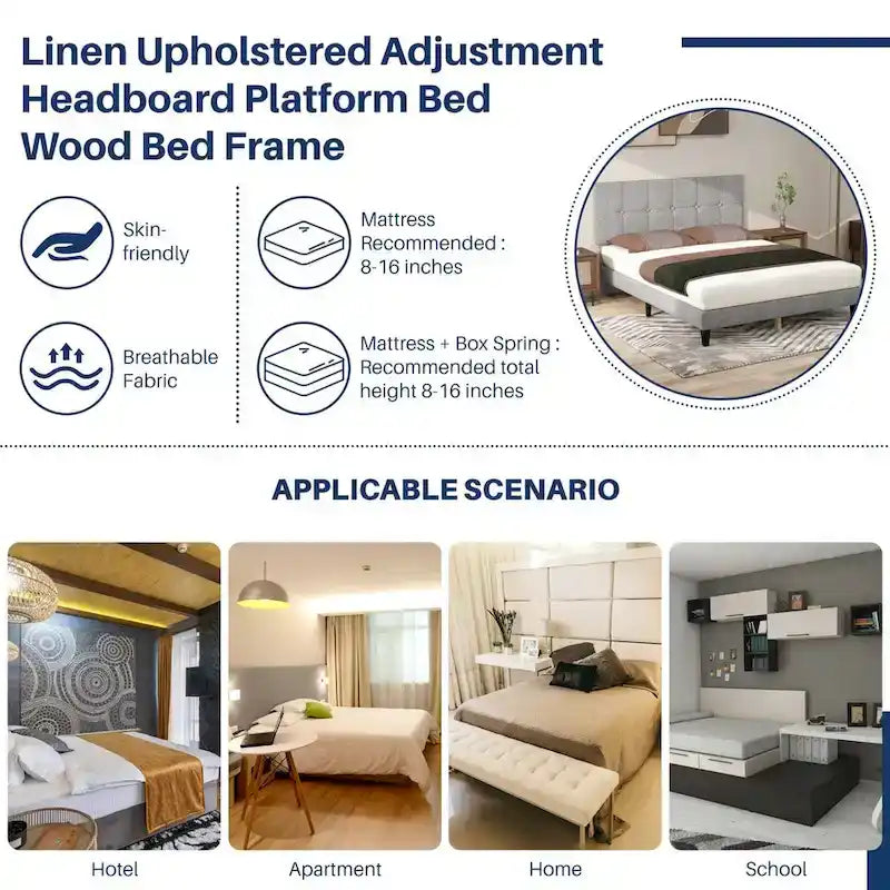 Lit plateforme capitonné en lin avec cadre en bois et tête de lit, sans sommier tapissier requis, sans bruit.