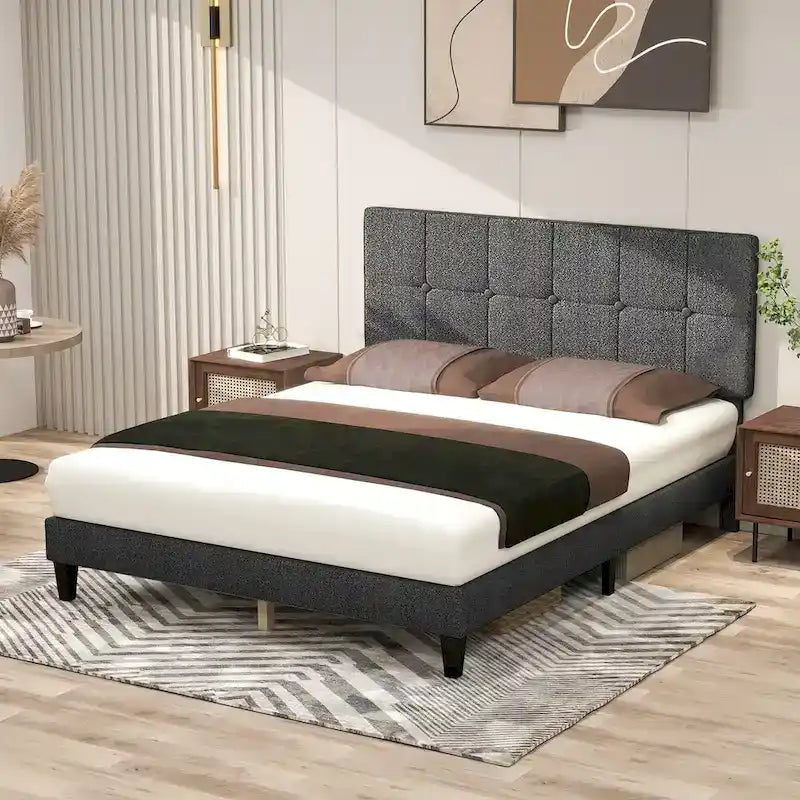 Lit plateforme capitonné en lin avec cadre en bois et tête de lit, sans sommier tapissier requis, sans bruit.