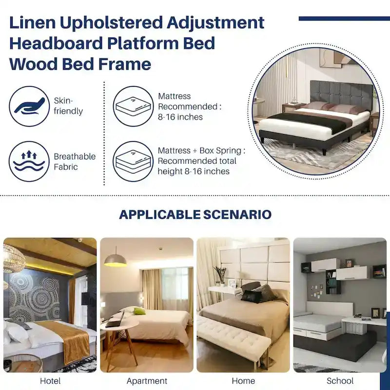 Lit plateforme capitonné en lin avec cadre en bois et tête de lit, sans sommier tapissier requis, sans bruit.