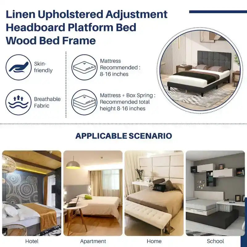 Lit plateforme capitonné en lin avec cadre en bois et tête de lit, sans sommier tapissier requis, sans bruit.