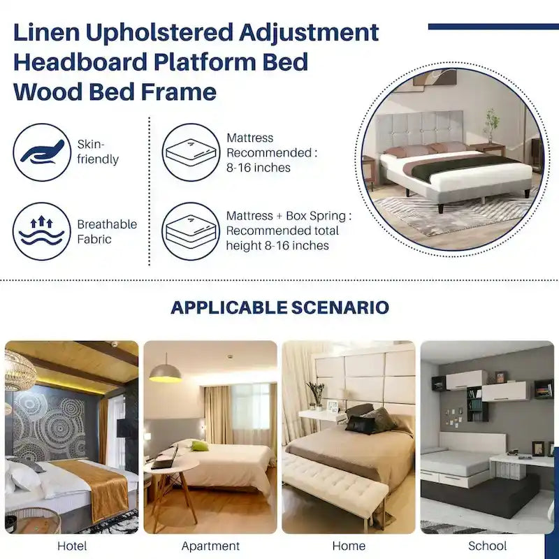 Lit plateforme capitonné en lin avec cadre en bois et tête de lit, sans sommier tapissier requis, sans bruit.