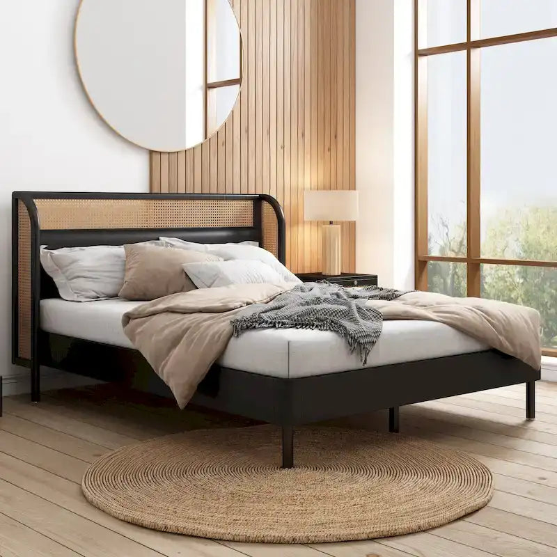 Lit Queen en rotin Cannage moderne avec plateforme en bois