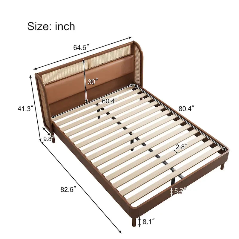 Lit Queen en rotin Cannage moderne avec plateforme en bois