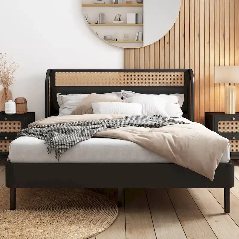 Lit Queen en rotin Cannage moderne avec plateforme en bois