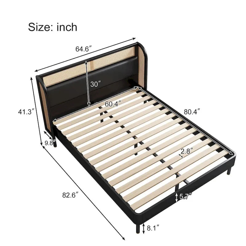 Lit Queen en rotin Cannage moderne avec plateforme en bois