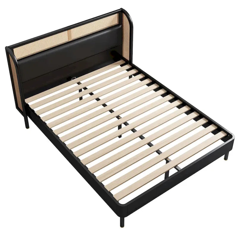 Lit Queen en rotin Cannage moderne avec plateforme en bois