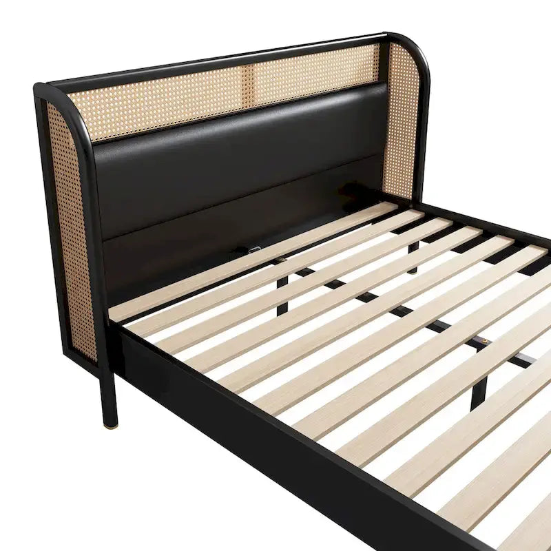 Lit Queen en rotin Cannage moderne avec plateforme en bois