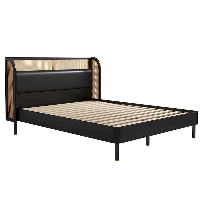 Lit Queen en rotin Cannage moderne avec plateforme en bois