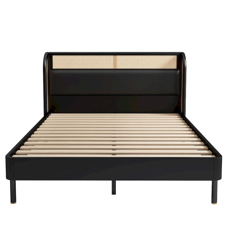 Lit Queen en rotin Cannage moderne avec plateforme en bois