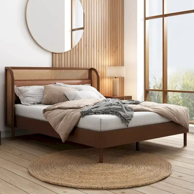 Lit Queen en rotin Cannage moderne avec plateforme en bois