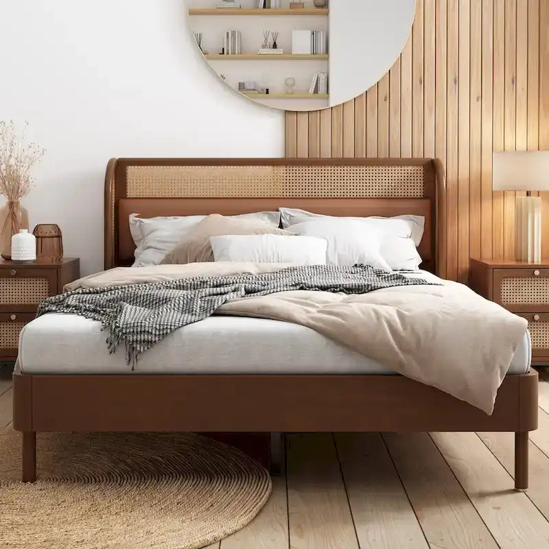 Lit Queen en rotin Cannage moderne avec plateforme en bois
