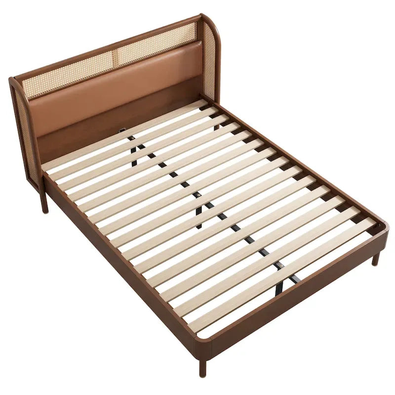 Lit Queen en rotin Cannage moderne avec plateforme en bois