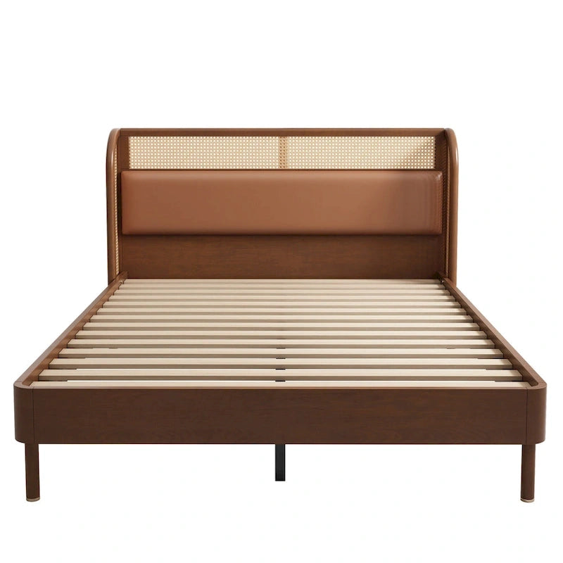 Lit Queen en rotin Cannage moderne avec plateforme en bois