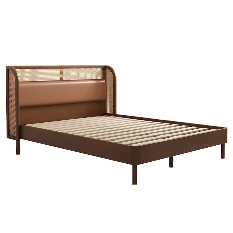 Lit Queen en rotin Cannage moderne avec plateforme en bois