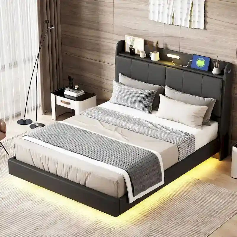 Cadre de lit flottant Queen Size avec tête de lit de rangement, Lit plateforme rembourré moderne avec ports USB