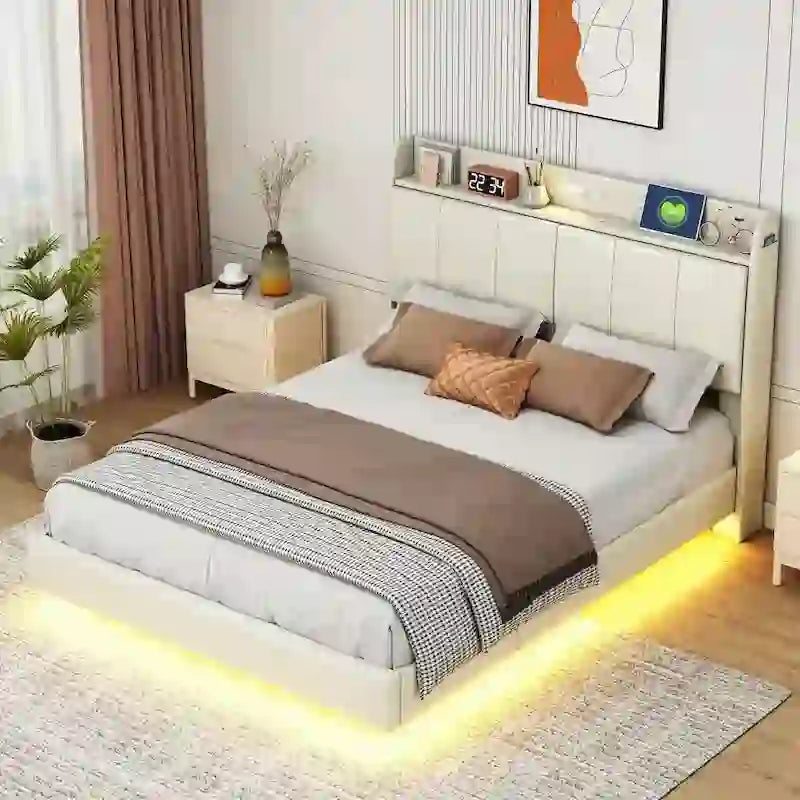 Cadre de lit flottant Queen Size avec tête de lit de rangement, Lit plateforme rembourré moderne avec ports USB