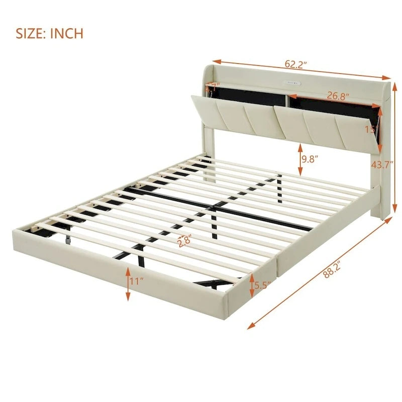 Cadre de lit flottant Queen Size avec tête de lit de rangement, Lit plateforme rembourré moderne avec ports USB