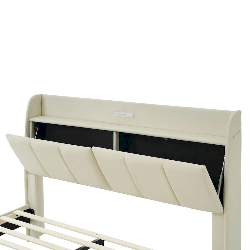 Cadre de lit flottant Queen Size avec tête de lit de rangement, Lit plateforme rembourré moderne avec ports USB