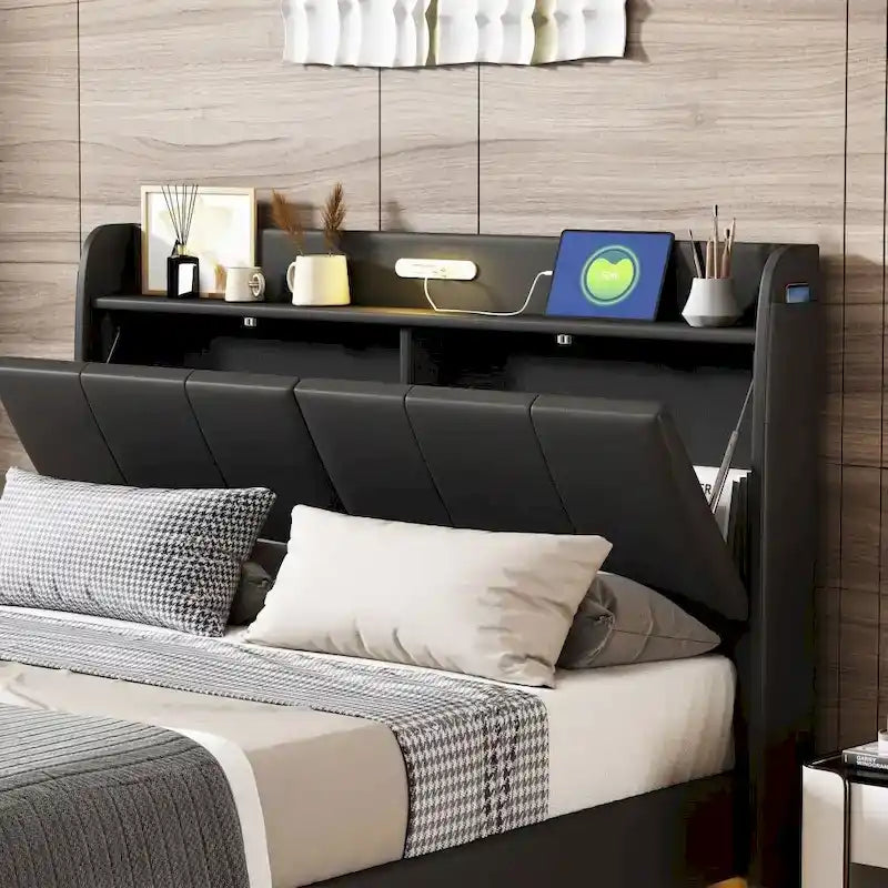 Cadre de lit flottant Queen Size avec tête de lit de rangement, Lit plateforme rembourré moderne avec ports USB