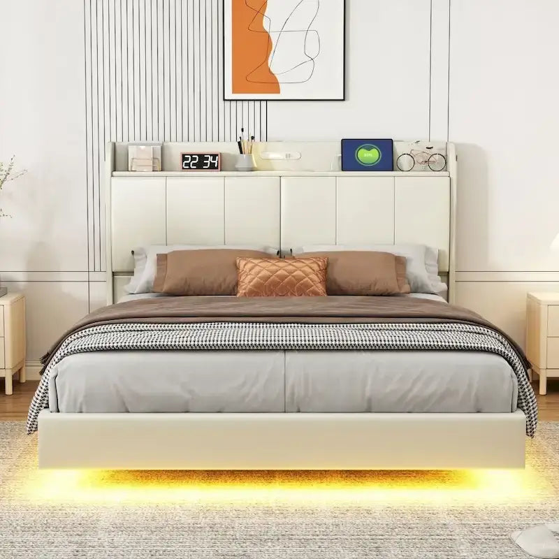 Cadre de lit flottant Queen Size avec tête de lit de rangement, Lit plateforme rembourré moderne avec ports USB