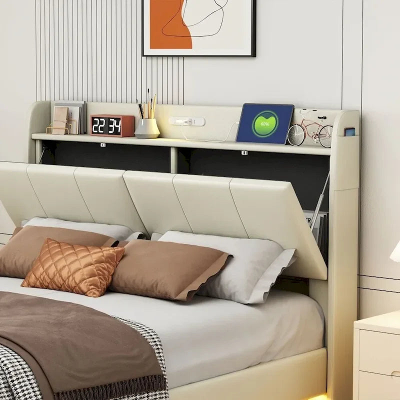Cadre de lit flottant Queen Size avec tête de lit de rangement, Lit plateforme rembourré moderne avec ports USB