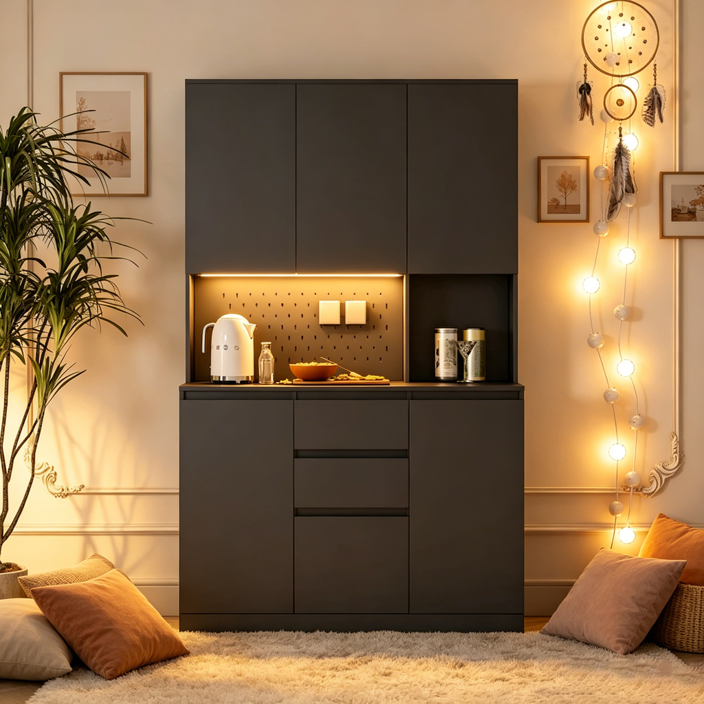 74 Armoire de cuisine autoportante avec 6 portes, 3 étagères et 2 tiroirs, rangement pour buanderie