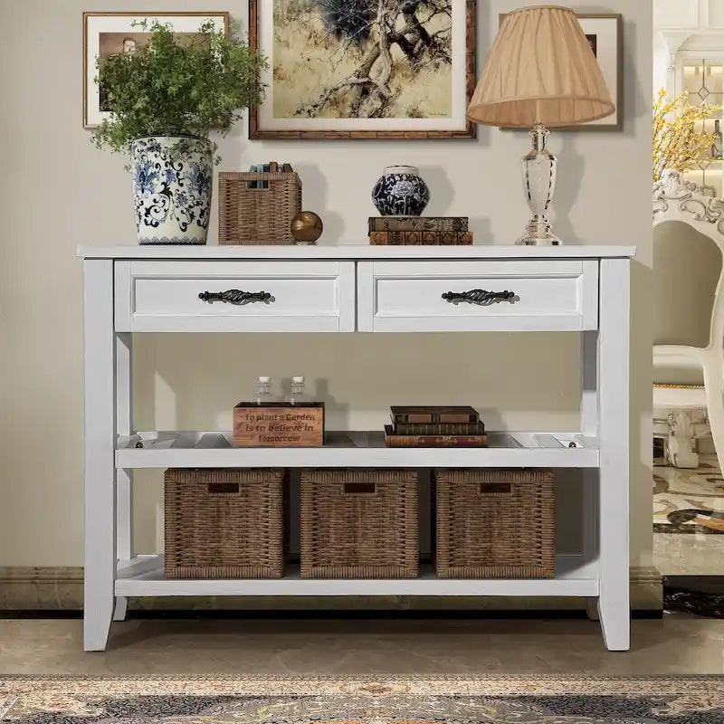 Console Table Canapé avec 2 Tiroirs de Rangement et 2 Étagères, Buffet et Dressoir en Bois Massif de Style Mid-Century de 42 pouces