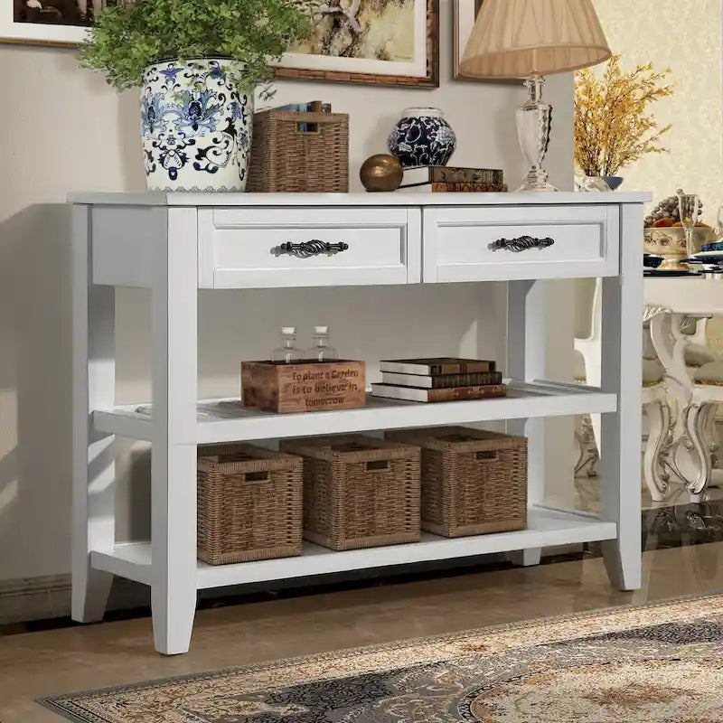 Console Table Canapé avec 2 Tiroirs de Rangement et 2 Étagères, Buffet et Dressoir en Bois Massif de Style Mid-Century de 42 pouces