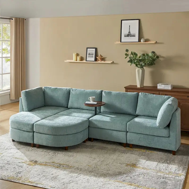 Canapé moderne avec rangement sous l'assise, table ronde et pieds en bois massif