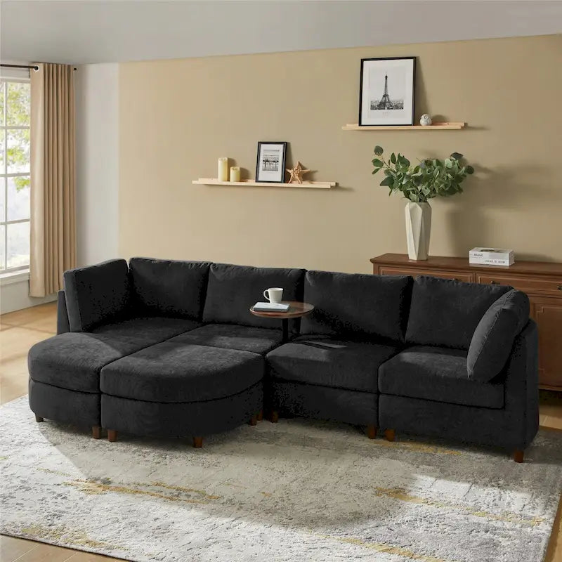 Canapé moderne avec rangement sous l'assise, table ronde et pieds en bois massif