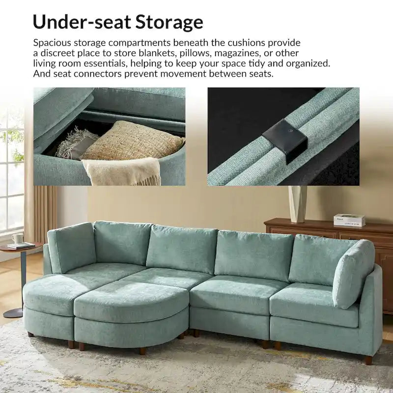 Canapé moderne avec rangement sous l'assise, table ronde et pieds en bois massif