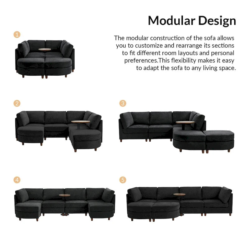 Canapé moderne avec rangement sous l'assise, table ronde et pieds en bois massif
