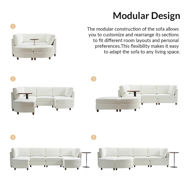 Canapé moderne avec rangement sous l'assise, table ronde et pieds en bois massif
