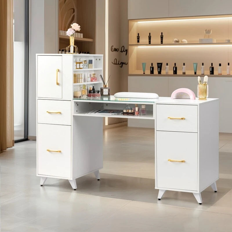 Embossed Particle Board Tempered Glass 55 W Manicure Table